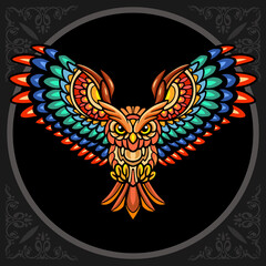 Colorful owl bird zentangle arts. isolated on black background.
