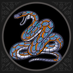 Colorful black mamba snake zentangle arts. isolated on black background.