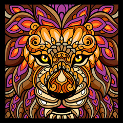 Colorful lion face zentangle arts. isolated on black background.