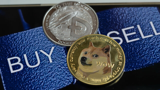 Doge coin  put on text BUY and Sell, digital money trading Concept.