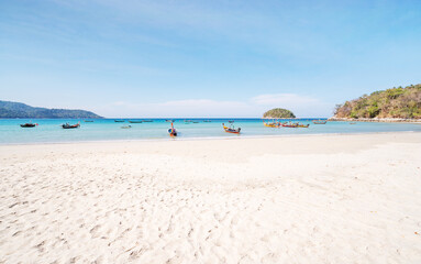 Amazing beautiful Phuket beach with wave crashing on sandy shore Thailand Landscapes view of white sand beach sea and clear blue sky in summer season At Phuket Beach Thailand