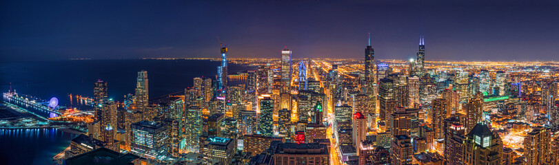 Panorama Top view of Chicago cityscape and skyscraper at the night time, USA downtown skyline,...