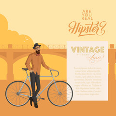 Bearded man standing beside the bike. Hipster character illustration