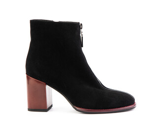 Women's autumn ankle suede boots with black zip and red average heels, isolated white background. Right side view. Fashion shoes. shoe shop concept.