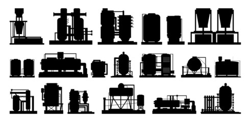 Set elements of Production plant. Silhouette of objects. Isolated on white background. Industrial technical equipment. Factory chemical. Modern technology enterprise. Vector