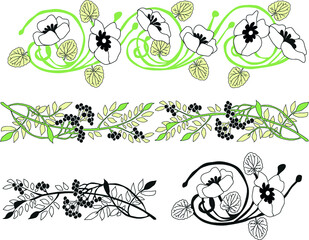 Drawn decorative borders with leaves, flowers and berries. Inspired by Art Nouveau