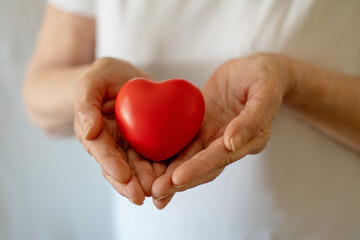 Hands holding red heart, healthcare, love, organ donation, mindfulness, wellbeing, family insurance and CSR concept, world heart day, world health day, national organ donor day