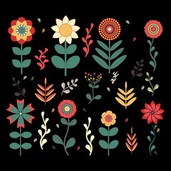 Set of colorful flowers on black background Flower icon Vector illustration
