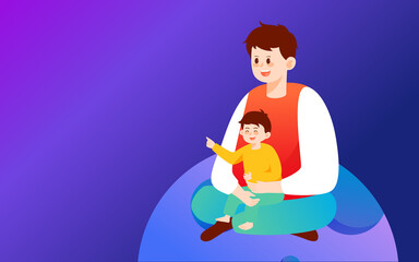 Father with child sitting on planet with universe and starry sky in background, vector illustration