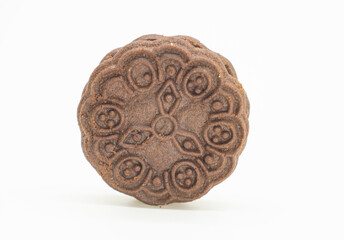 single biscuit over on white background, close up