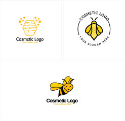Vector illustration of cosmetics logo design template with symbol animal bee and honeycomb line art. Isolated on white background