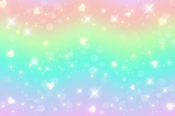 Rainbow fantasy background with hearts and stars. Holographic illustration in pastel colors. Cute cartoon unicorn wallpapaer. Bright multicolored sky. Vector.