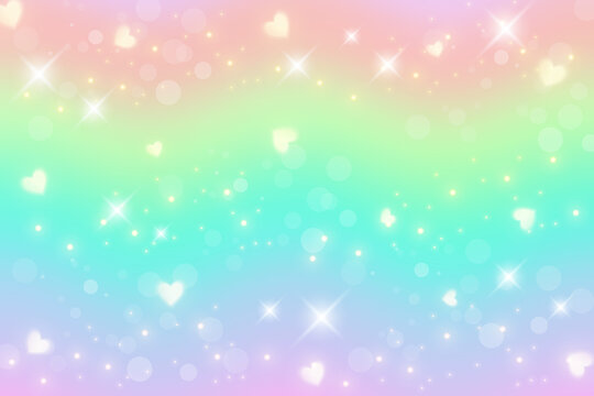 Rainbow fantasy background with hearts and stars. Holographic illustration in pastel colors. Cute cartoon unicorn wallpapaer. Bright multicolored sky. Vector.
