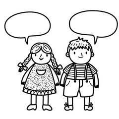 Children, boy and girl with speech bubble. Kid doodle sketch coloring book. Vector illustration doodle template.