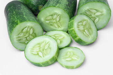 Fototapeta premium Cucumber slice isolated. Cucumber on white. Full depth of field. With clipping path