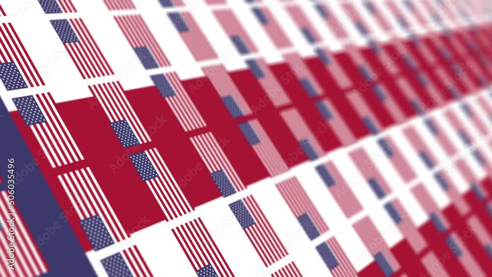 Poster abstract 3d animation pattern of mini many usa flag swirl on white red backgrond