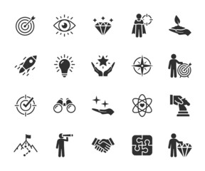 Vector set of mission, vision and values flat icons. Business concepts. Pixel perfect.