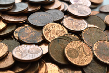 Dirty euro cent coins on the table. Photo can be used for the concept of how to clean coins.