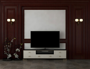 Tv interior room mockup with blank tv, white desk, classic brown wooden wall, and wall lamps.  3d Rendering. 3d interior