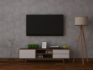 Tv interior room mockup with blank tv, desk and objects, lamp, and concrete wall. 3d Rendering. 3d interior