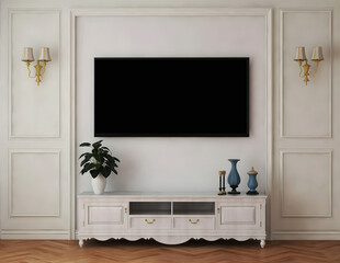 Tv interior room mockup with classic white wall, classic lamps, classic desk, and blank tv. 3d Rendering. 3d interior
