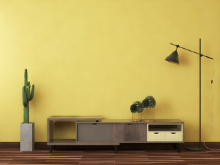 Interior room mockup with wooden desk, cactus, floor lamp, and yellow wall. 3d Rendering. 3d interior