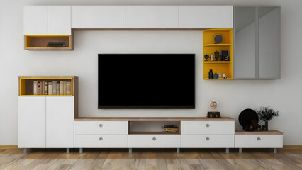 Tv interior room mockup with big white yellow shelves and blank tv . 3d Rendering. 3d interior