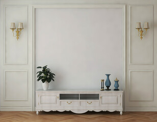 Classic interior room mockup with the empty white classic wall, and classic desk. 3d Rendering. 3d interior