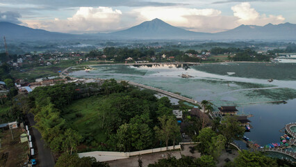 Aerial view of Situ Bagendit is a famous tourist spot in Garut with mountain view. 