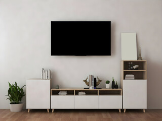 Tv room interior mockup with white desk and objects, blank tv, and plant. 3d Rendering. 3d interior