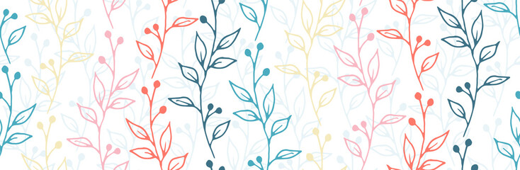 Fototapeta premium Berry bush sprouts natural vector seamless ornament. Romantic herbal graphic design. Garden plants foliage and blossom illustration. Berry bush sprigs flat seamless ornament