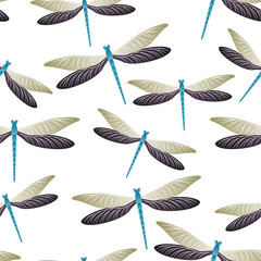 Dragonfly beautiful seamless pattern. Repeating dress fabric print with darning-needle insects.