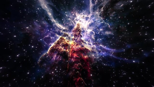 Carina Nebula exploration on deep space. 4K Flight Into A pillar of gas in the Carina Nebula, is bathed in the light of hot, massive stars. Elements furnished by NASA image. 3D animation space flight.