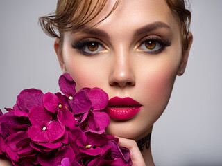 Beautiful white girl with purple flowers. Stunning brunette girl with big violet bouquet flowers....