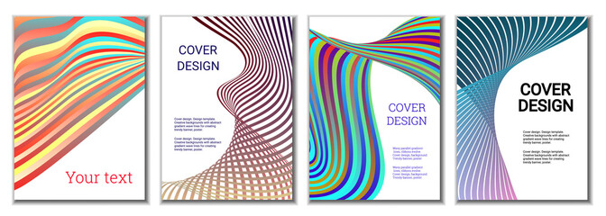 A set of 4 abstract covers. Wavy parallel gradient lines, ribbons evolve. Cover design, background. Trendy banner, poster.
