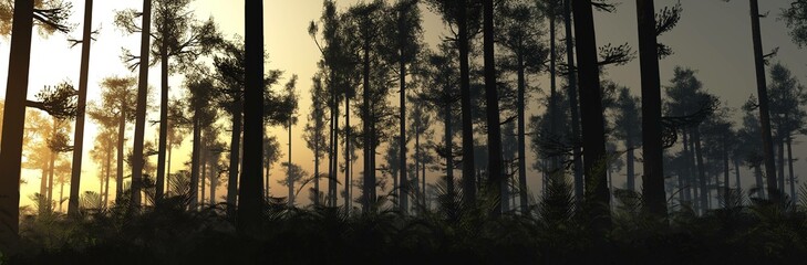 Silhouettes of pines, Fairy forest in the rays of the setting sun, 3d rendering