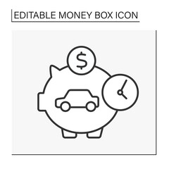  Moneybox line icon. Car inside piggybank. Economy. Accumulation of money for buying a car. Wealth concept. Isolated vector illustration.Editable stroke