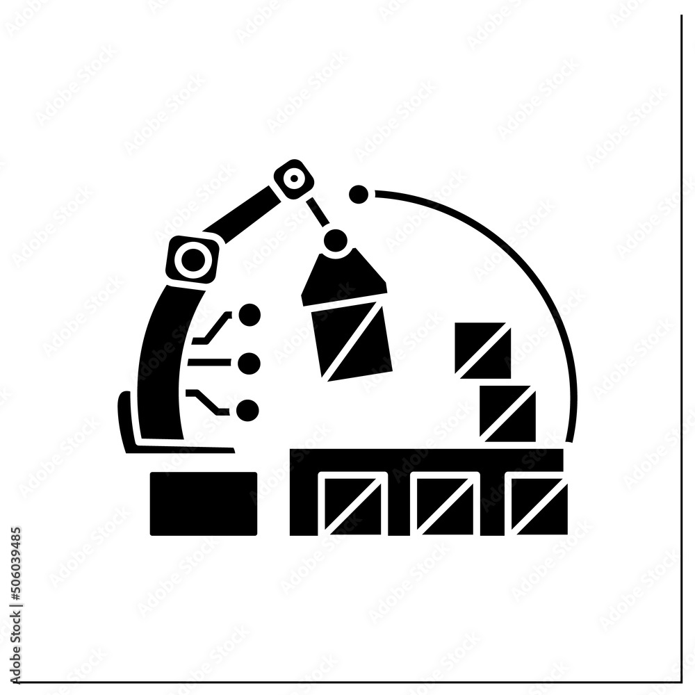 Aufkleber ai in e-commerce glyph icon. robot handling order shipment and storage.internet retail service autom