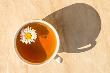 cup of chamomile tea on table.Top view. Sunny day. beautiful shadow on the table. Healthy eating