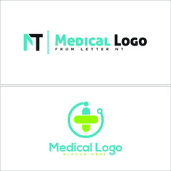 Vector illustration of medical logo design with icon letter NT and medical health stethoscope circle line art isolated on white background suitable for medical pharmaceutical technology devices doctor