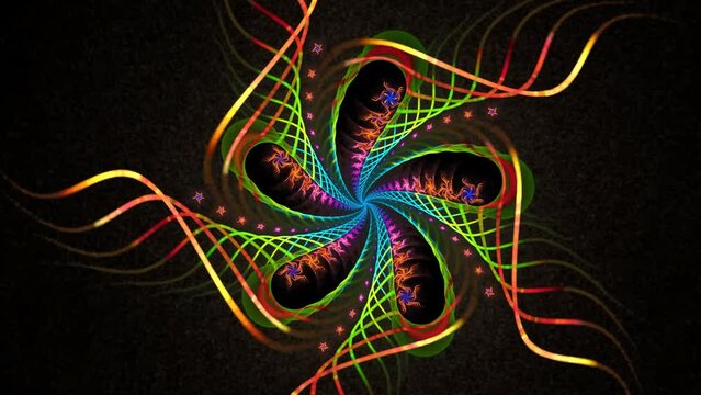 Multicolored intersecting stripes weave into fancy patterns. Digital holographic dance. Animated fireworks and fiery figures in motion. Festive moving shapes and waves in neon style.