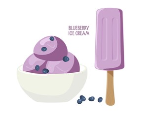 Bowl with blueberry ice cream, ice cream on stick, blueberry. Food vector isolated on white background. Delicious summer desserts. For Culinary course poster, culinary school, recipe, menu