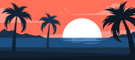 Fototapeta na wymiar Summer tropical beach. Sunset on the sea or ocean. The concept of summer, vacation or travel. Vector illustration