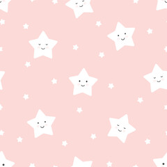 Vector seamless pattern of funny and cute little stars on a pastel pink color background.