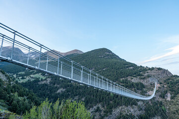 The longest Tibetan bridge in Europe, 600 meters long and 200 meters high in the Canillo Parish in Andorra - obrazy, fototapety, plakaty