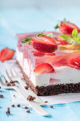 Homemade strawberry jelly cake using jelly as the filling.