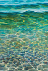 Fototapeta na wymiar Blue lagoon water ripples with stones underwater watercolor background