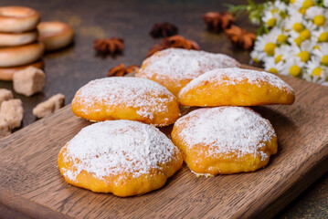 Homemade corn cookies on concrete table - healthy homemade vegan vegetarian pastry