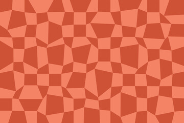 Geometric checkered background. Distorted cells in pink and red colors. Retro vector illustration, groovy backdrop with mosaic.