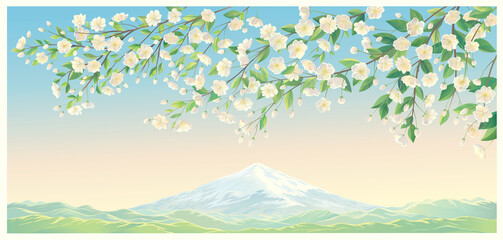Mountain landscape, with a flowering branch of a fruit tree in the foreground. Vector illustration. - obrazy, fototapety, plakaty